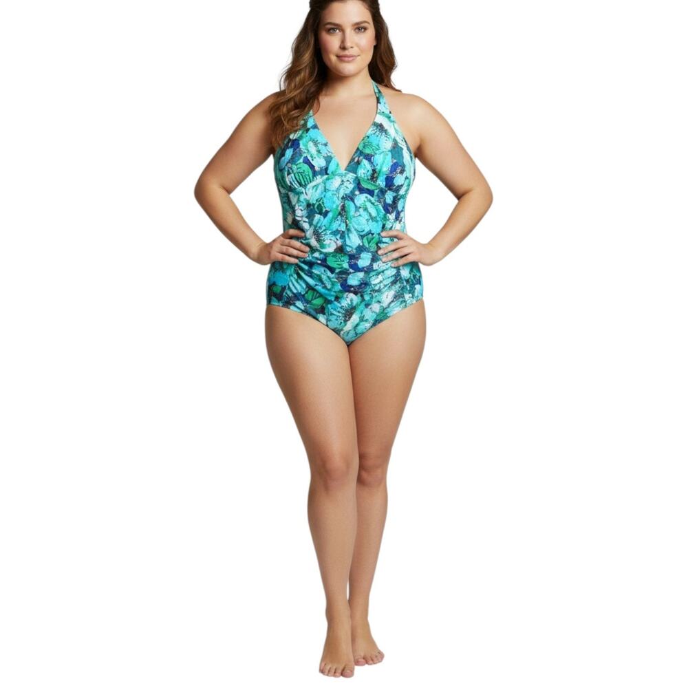 NWT Tropical Escape Swimsuit SZ 16 1 piece Cabana Blue Silver Metallic Ruching - Picture 1 of 9